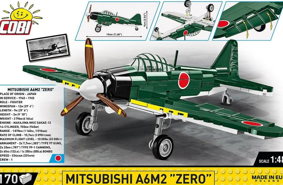 Cobi: World War II - Mitsubishi A6M2 "Zero" Fighter Plane Historical Collection 1/48th Scale Building Block Construction Set (170 Pieces)