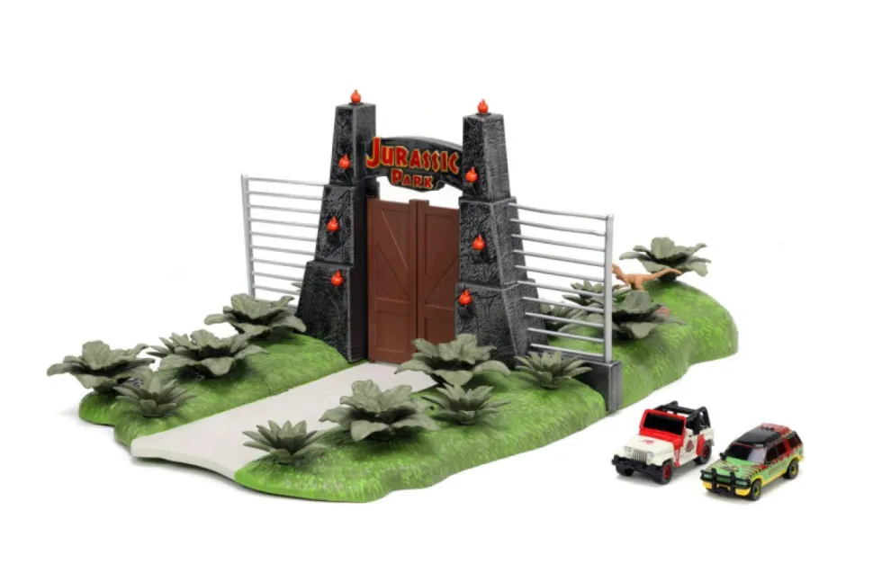 Jurassic Park - Jurassic Park Gate with Jeep Wrangler & Ford Explorer Nano Hollywood Rides Nano Scene 1.65" Scale Die-Cast Playset