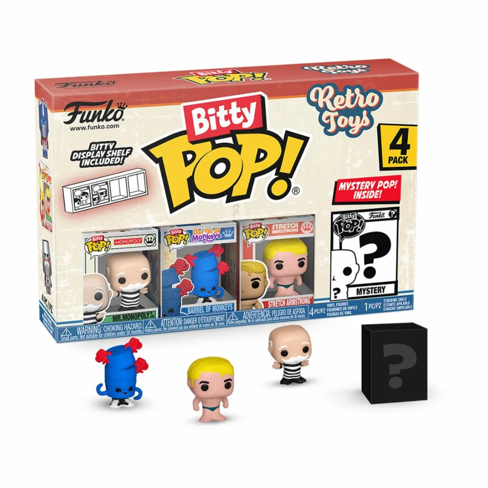 Retro Toys - Mr. Monopoly, Barrel of Monkeys, Stretch Armstrong & Mystery Bitty Pop! Vinyl Figure 4-Pack